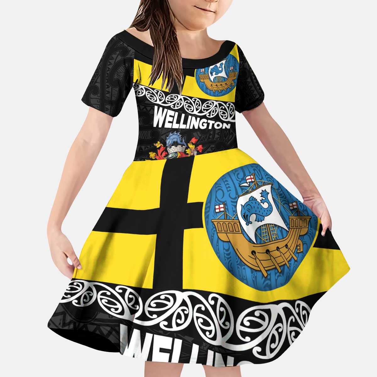 New Zealand Wellington Kid Short Sleeve Dress The Capital's Emblems Flag and Koru Art