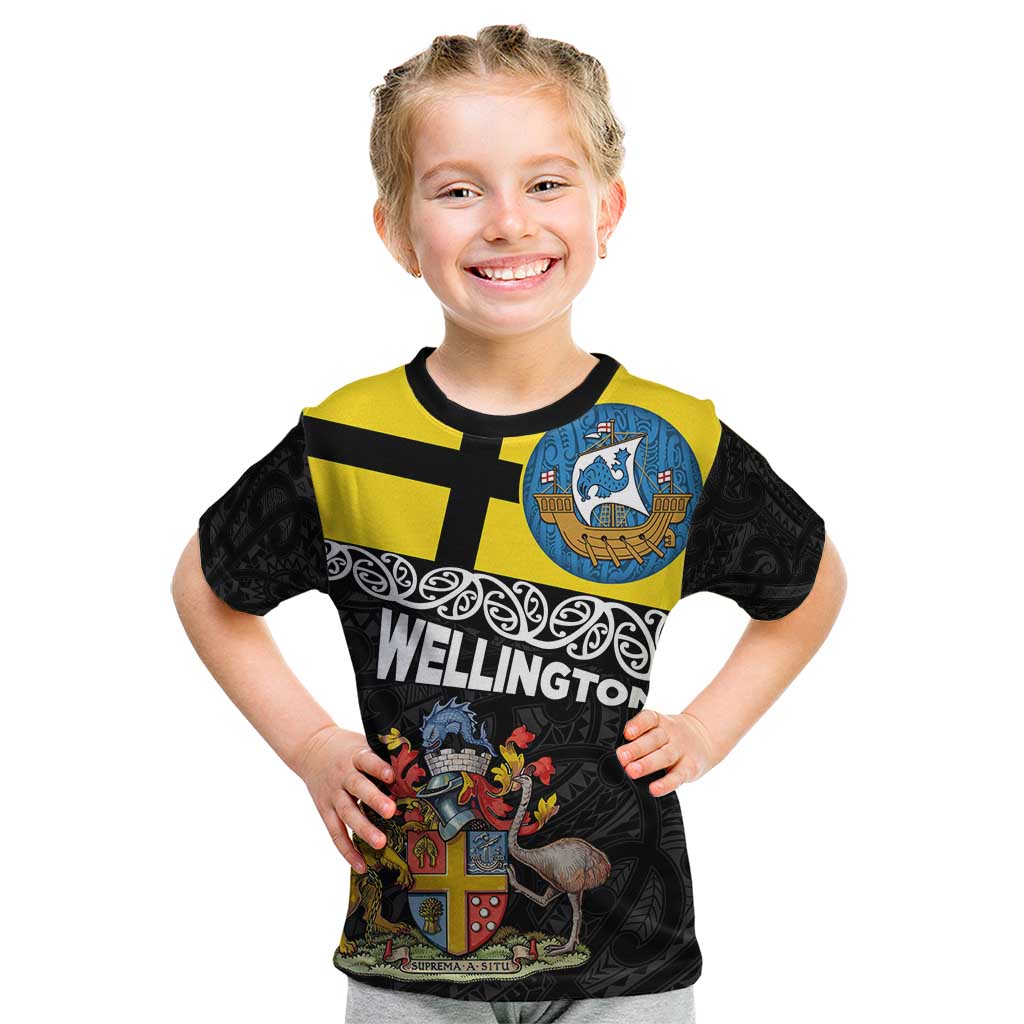 New Zealand Wellington Kid T Shirt The Capital's Emblems Flag and Koru Art