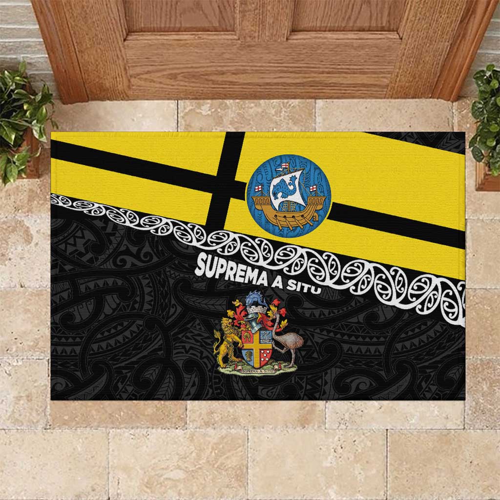 New Zealand Wellington Rubber Doormat The Capital's Emblems Flag and Koru Art LT03 Black - Polynesian Pride