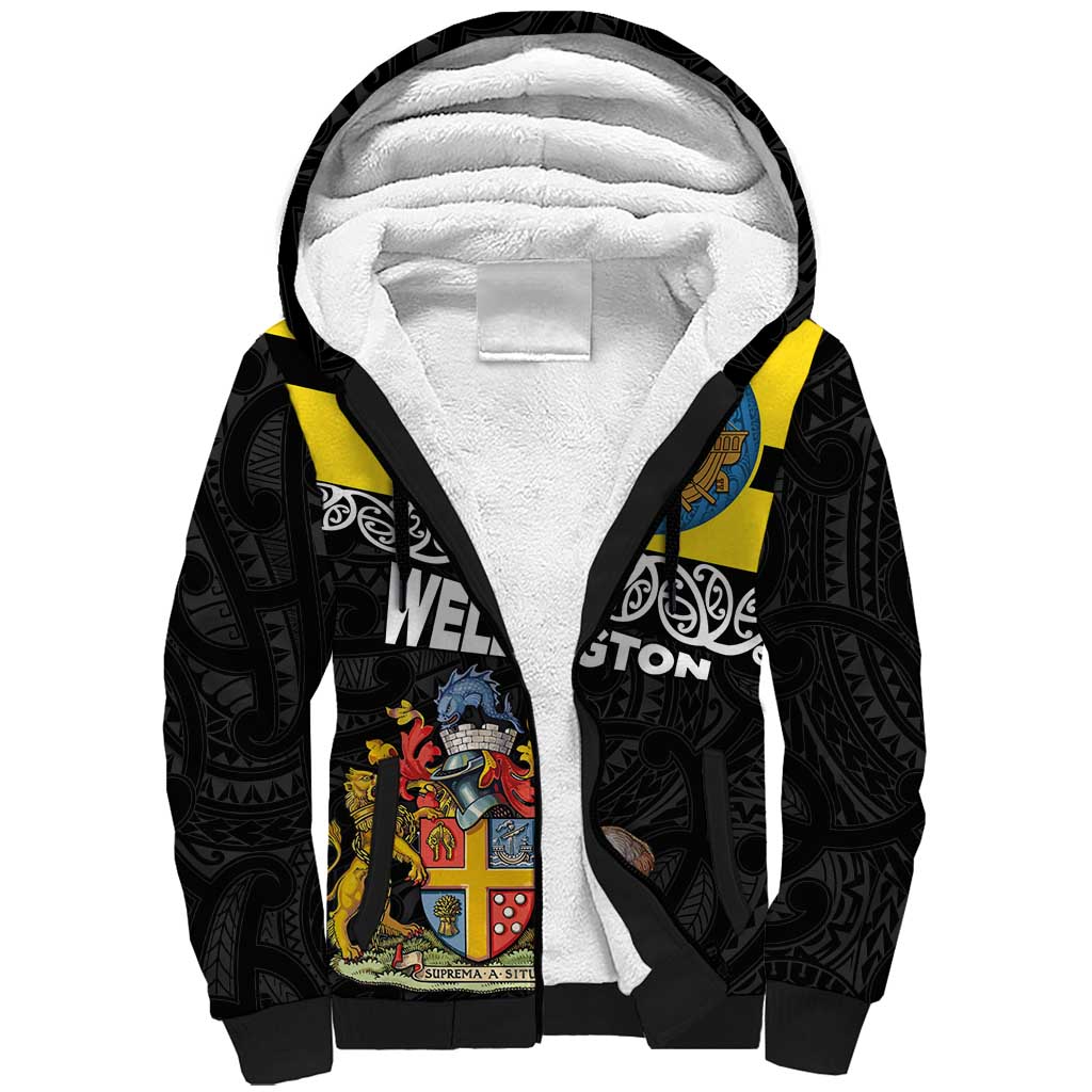 New Zealand Wellington Sherpa Hoodie The Capital's Emblems Flag and Koru Art LT03 Unisex Black - Polynesian Pride
