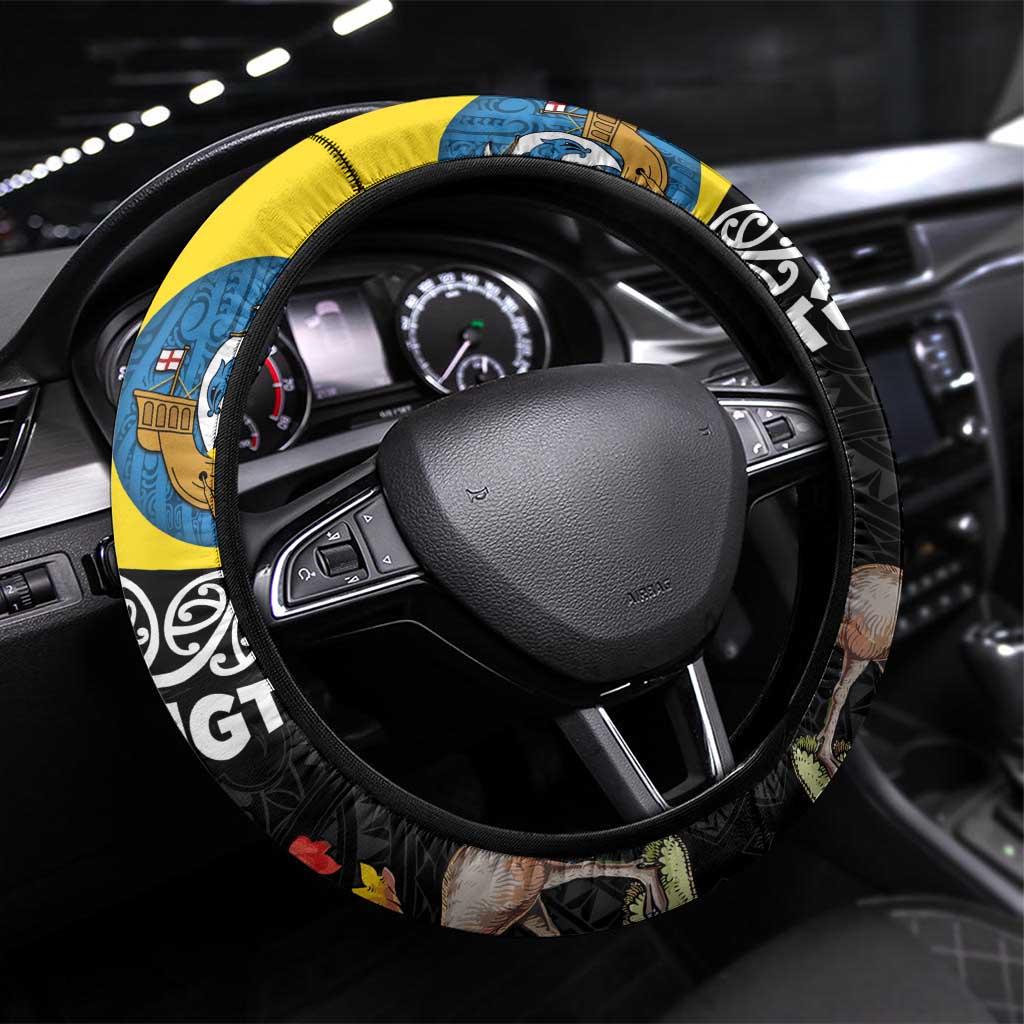 New Zealand Wellington Steering Wheel Cover The Capital's Emblems Flag and Koru Art LT03 Universal Fit Black - Polynesian Pride