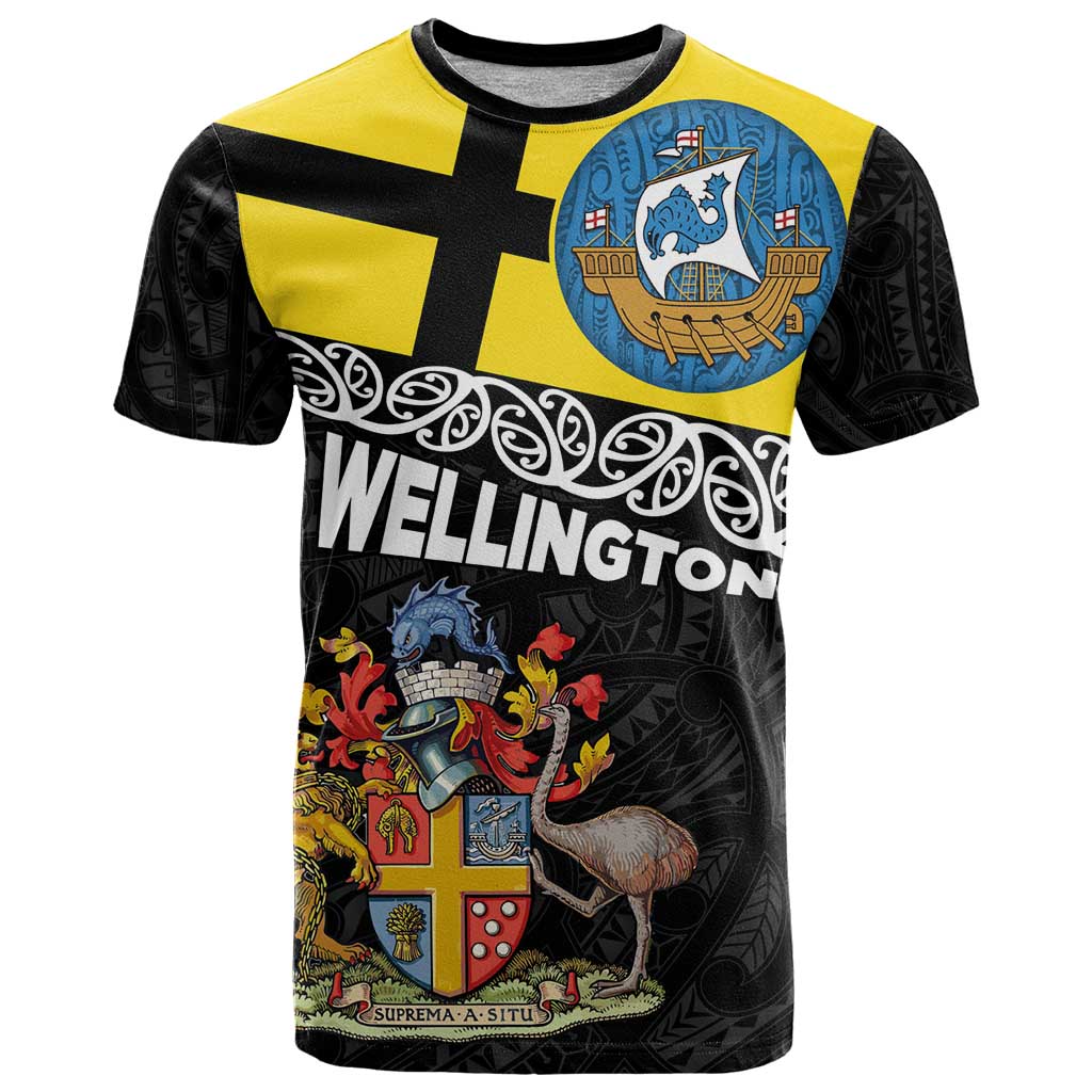 New Zealand Wellington T Shirt The Capital's Emblems Flag and Koru Art LT03 Black - Polynesian Pride