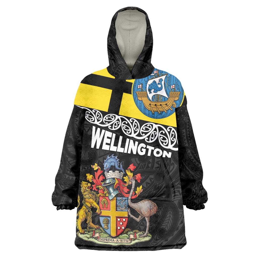 New Zealand Wellington Wearable Blanket Hoodie The Capital's Emblems Flag and Koru Art LT03 One Size Black - Polynesian Pride