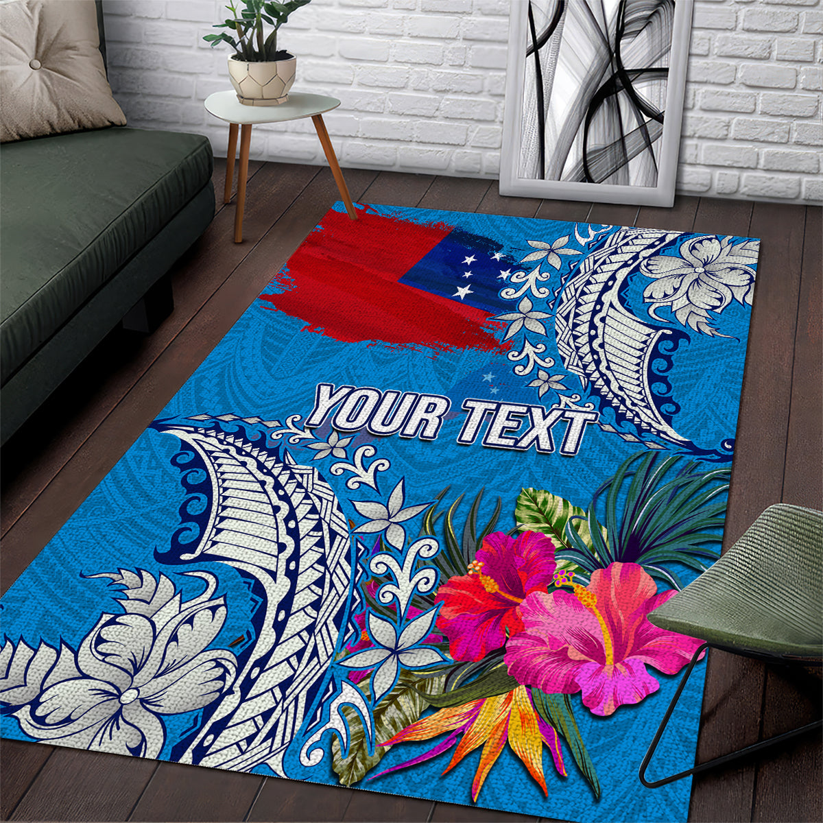 Personalised Samoa Coat Of Arms Area Rug Tropical Flower Blue Polynesian Pattern LT03 Blue - Polynesian Pride