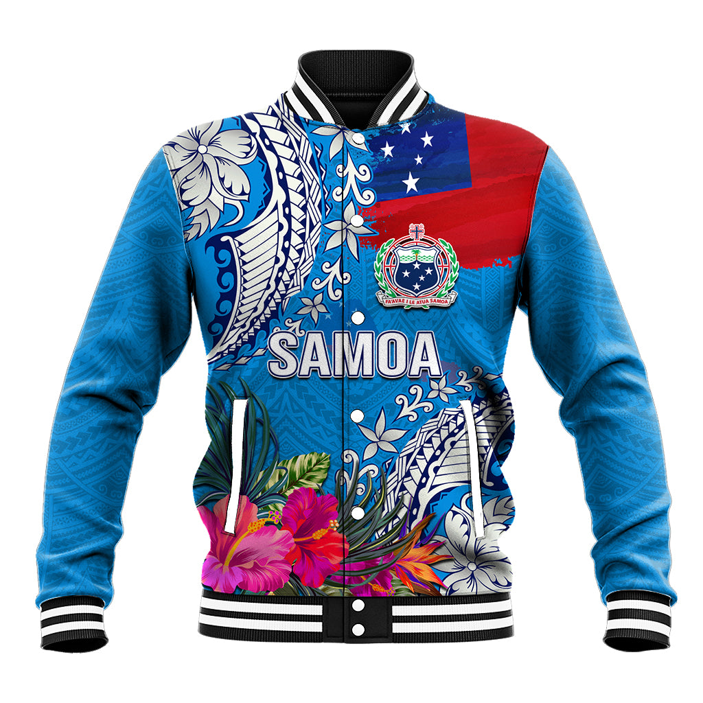 Personalised Samoa Coat Of Arms Baseball Jacket Tropical Flower Blue Polynesian Pattern LT03 Unisex Blue - Polynesian Pride