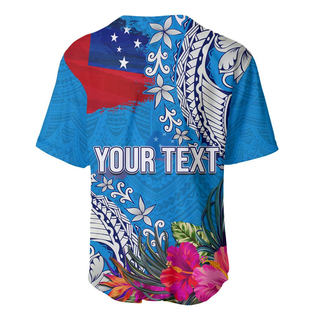 Personalised Samoa Coat Of Arms Baseball Jersey Tropical Flower Blue Polynesian Pattern LT03 - Polynesian Pride