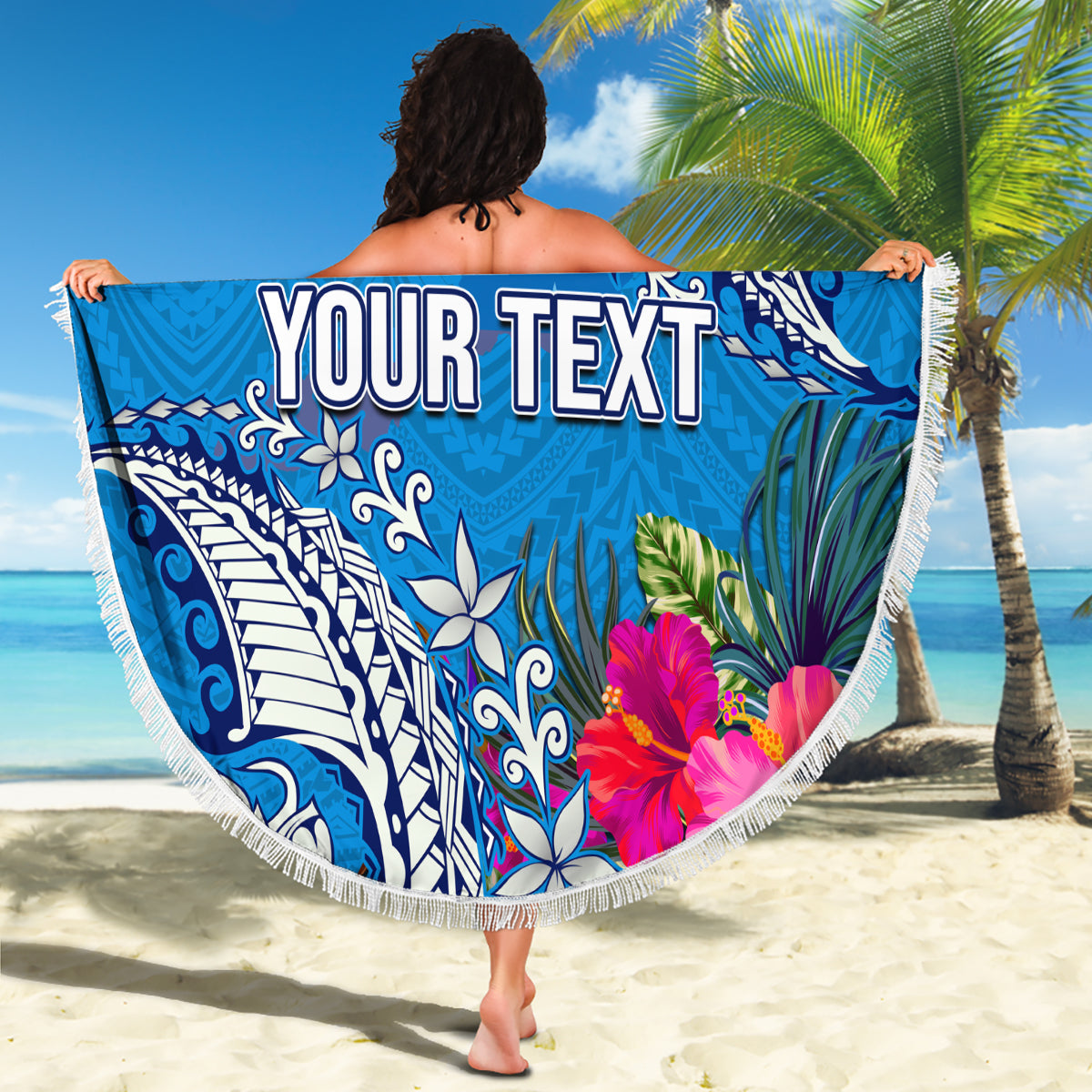 Personalised Samoa Coat Of Arms Beach Blanket Tropical Flower Blue Polynesian Pattern LT03 - Polynesian Pride