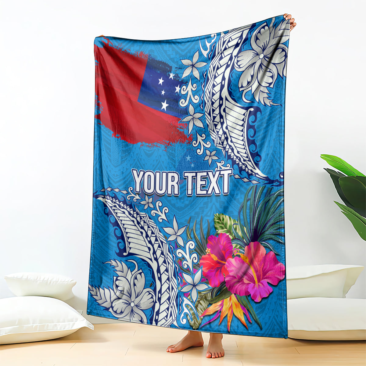 Personalised Samoa Coat Of Arms Blanket Tropical Flower Blue Polynesian Pattern LT03 Blue - Polynesian Pride