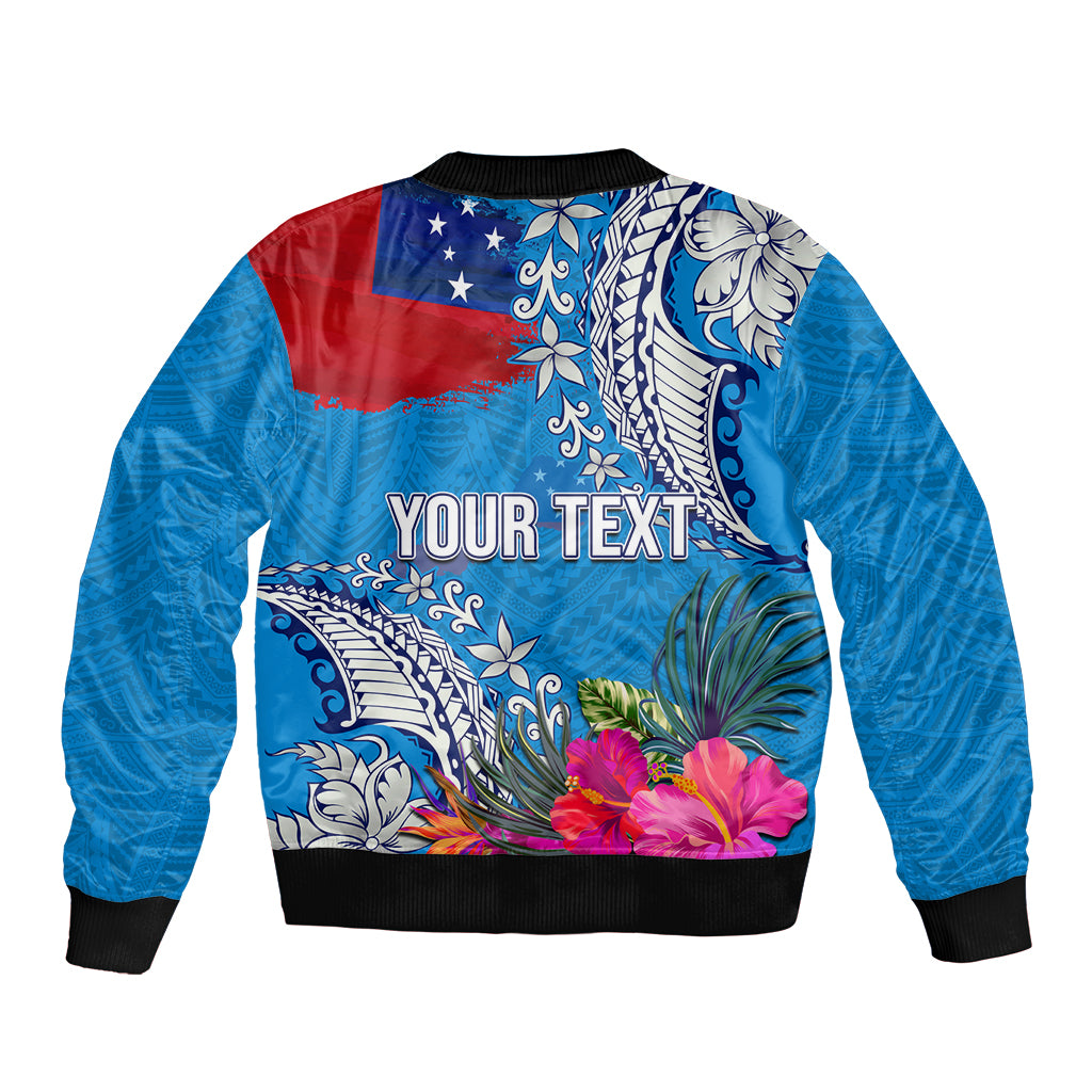 Personalised Samoa Coat Of Arms Bomber Jacket Tropical Flower Blue Polynesian Pattern LT03 - Polynesian Pride