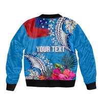 Personalised Samoa Coat Of Arms Bomber Jacket Tropical Flower Blue Polynesian Pattern LT03 - Polynesian Pride