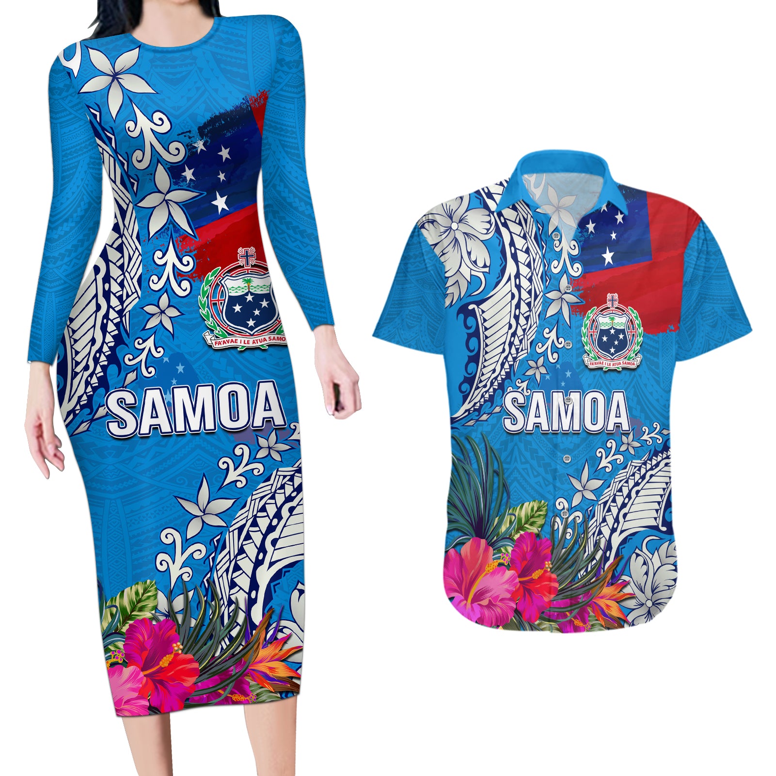 Personalised Samoa Coat Of Arms Couples Matching Long Sleeve Bodycon Dress and Hawaiian Shirt Tropical Flower Blue Polynesian Pattern LT03 Blue - Polynesian Pride