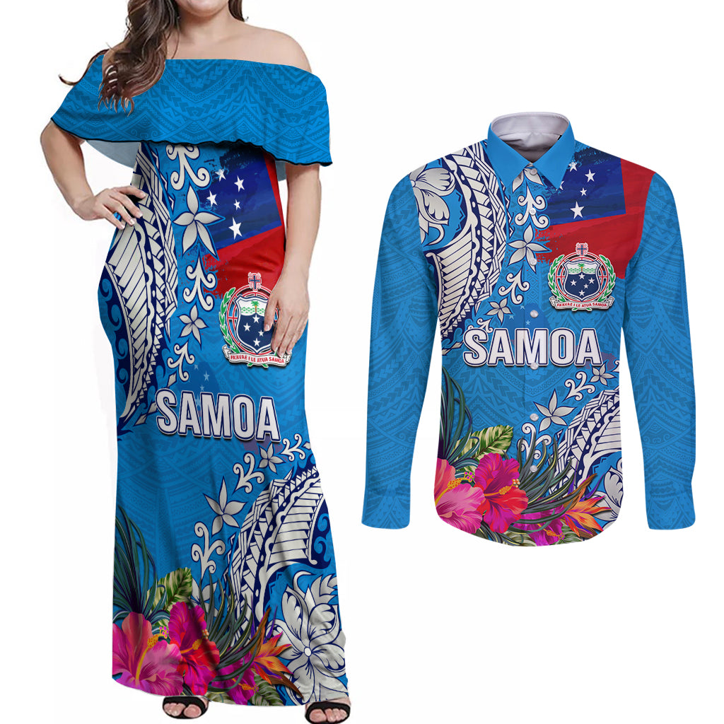 Personalised Samoa Coat Of Arms Couples Matching Off Shoulder Maxi Dress and Long Sleeve Button Shirt Tropical Flower Blue Polynesian Pattern LT03 Blue - Polynesian Pride