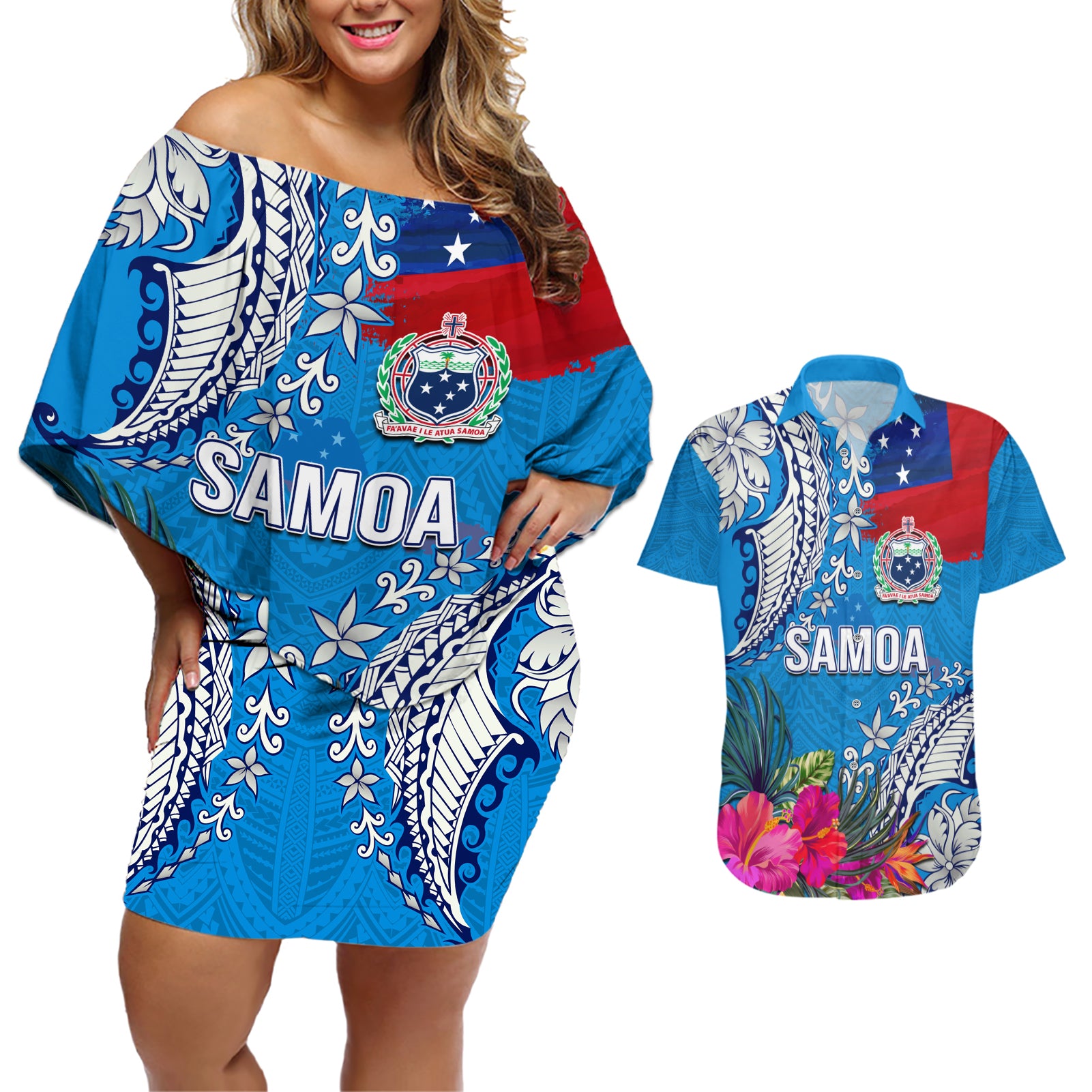 Personalised Samoa Coat Of Arms Couples Matching Off Shoulder Short Dress and Hawaiian Shirt Tropical Flower Blue Polynesian Pattern LT03 Blue - Polynesian Pride