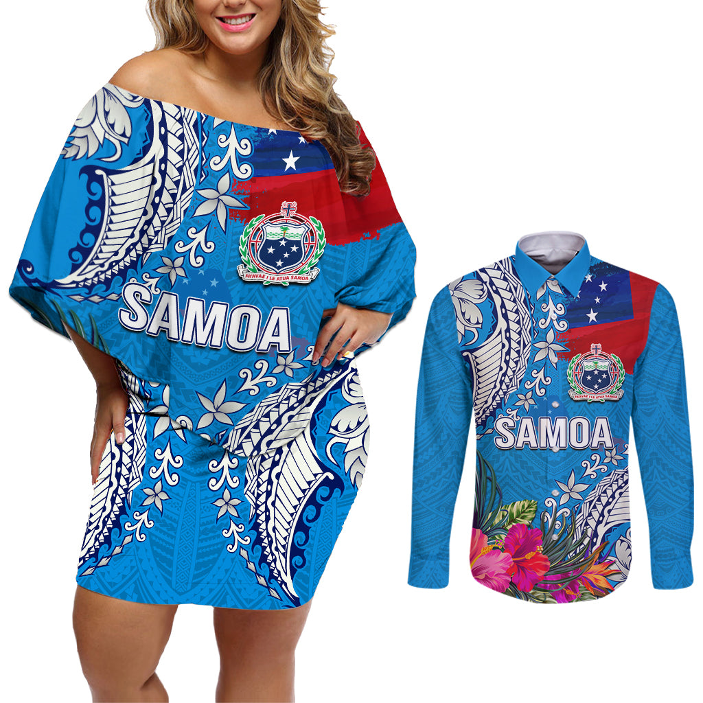 Personalised Samoa Coat Of Arms Couples Matching Off Shoulder Short Dress and Long Sleeve Button Shirt Tropical Flower Blue Polynesian Pattern LT03 Blue - Polynesian Pride