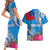 Personalised Samoa Coat Of Arms Couples Matching Short Sleeve Bodycon Dress and Hawaiian Shirt Tropical Flower Blue Polynesian Pattern LT03 - Polynesian Pride