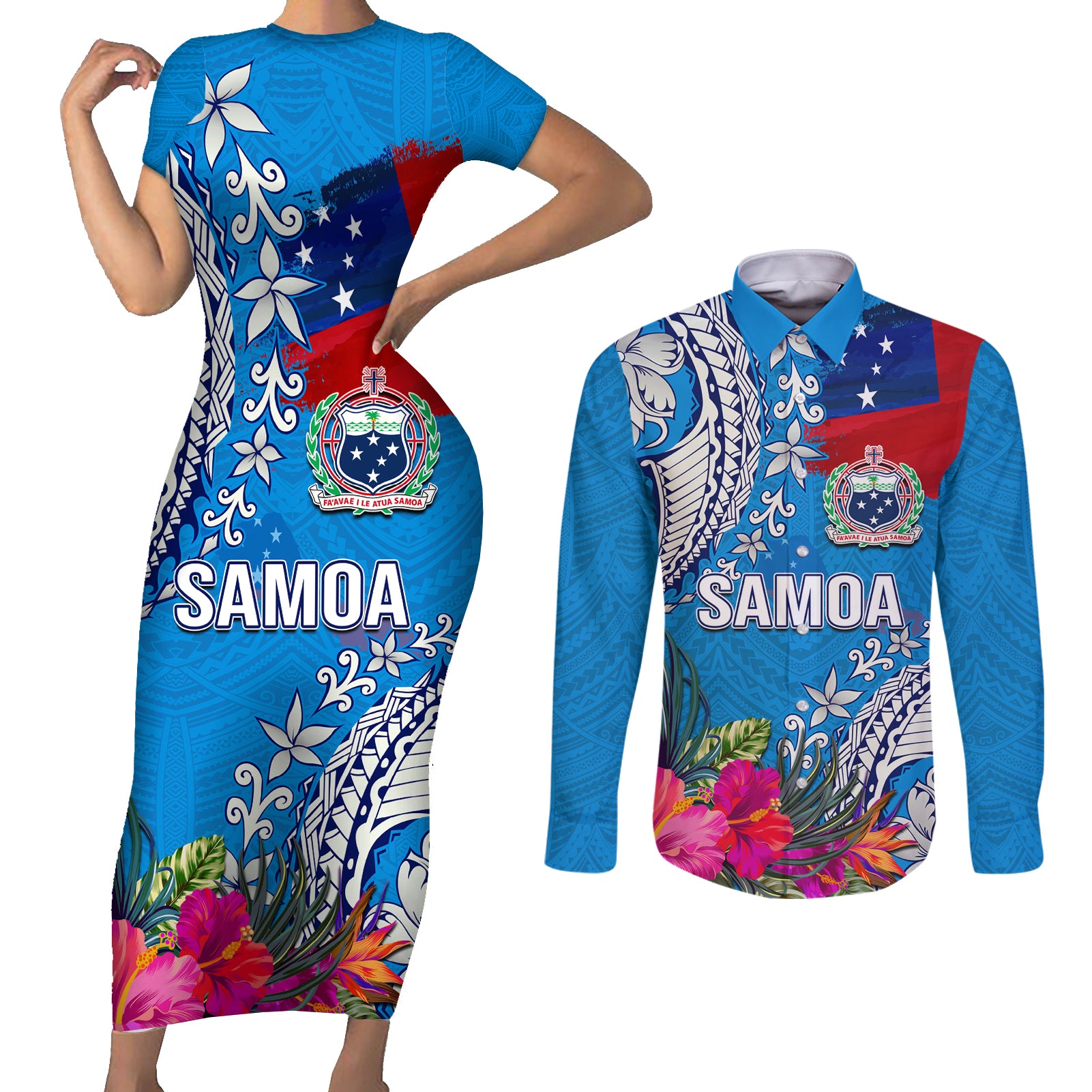 Personalised Samoa Coat Of Arms Couples Matching Short Sleeve Bodycon Dress and Long Sleeve Button Shirt Tropical Flower Blue Polynesian Pattern LT03 Blue - Polynesian Pride