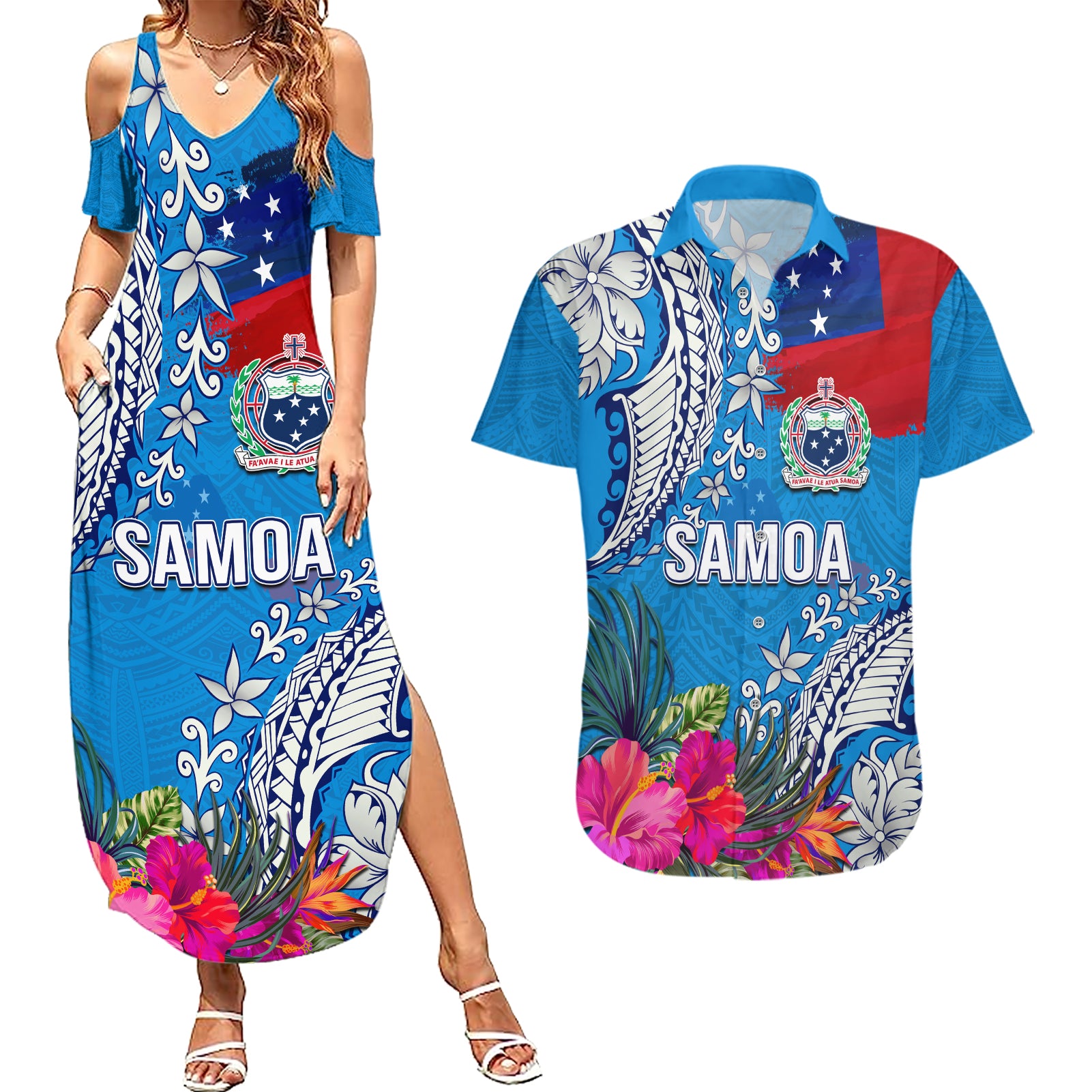 Personalised Samoa Coat Of Arms Couples Matching Summer Maxi Dress and Hawaiian Shirt Tropical Flower Blue Polynesian Pattern LT03 Blue - Polynesian Pride