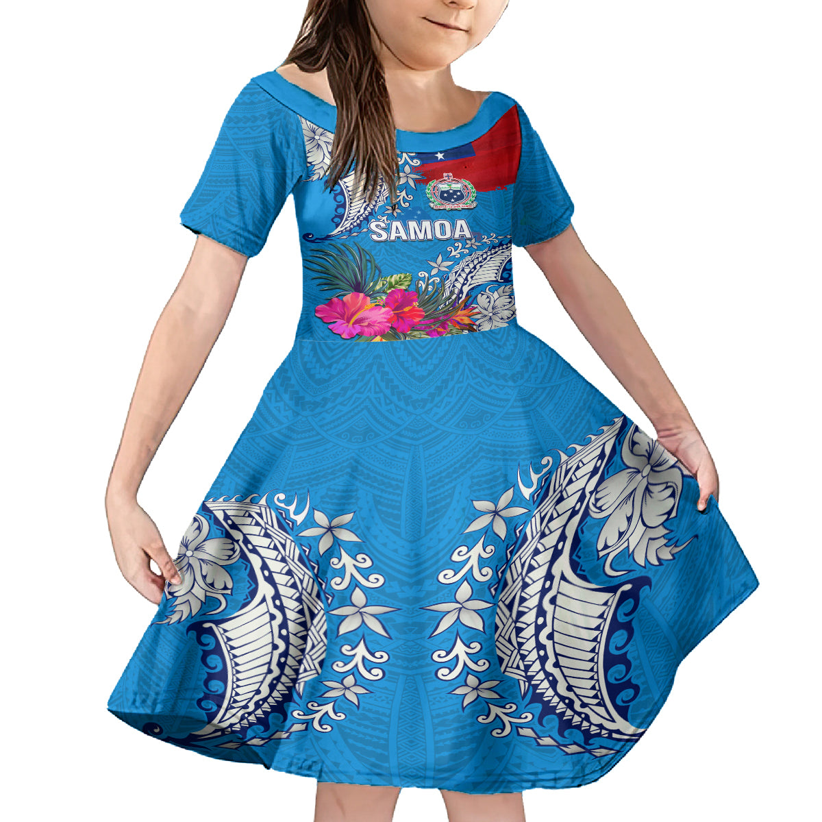 Personalised Samoa Coat Of Arms Family Matching Long Sleeve Bodycon Dress and Hawaiian Shirt Tropical Flower Blue Polynesian Pattern LT03 Daughter's Dress Blue - Polynesian Pride
