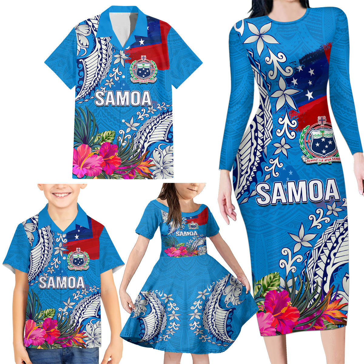 Personalised Samoa Coat Of Arms Family Matching Long Sleeve Bodycon Dress and Hawaiian Shirt Tropical Flower Blue Polynesian Pattern LT03 - Polynesian Pride