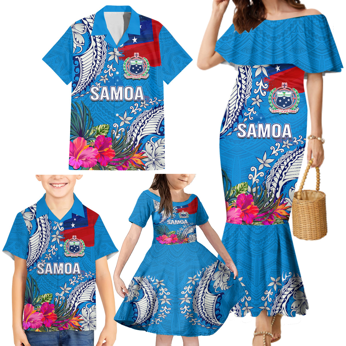 Personalised Samoa Coat Of Arms Family Matching Mermaid Dress and Hawaiian Shirt Tropical Flower Blue Polynesian Pattern LT03 - Polynesian Pride