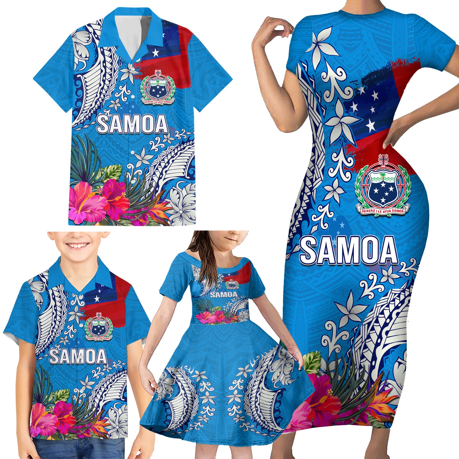 Personalised Samoa Coat Of Arms Family Matching Short Sleeve Bodycon Dress and Hawaiian Shirt Tropical Flower Blue Polynesian Pattern LT03 - Polynesian Pride