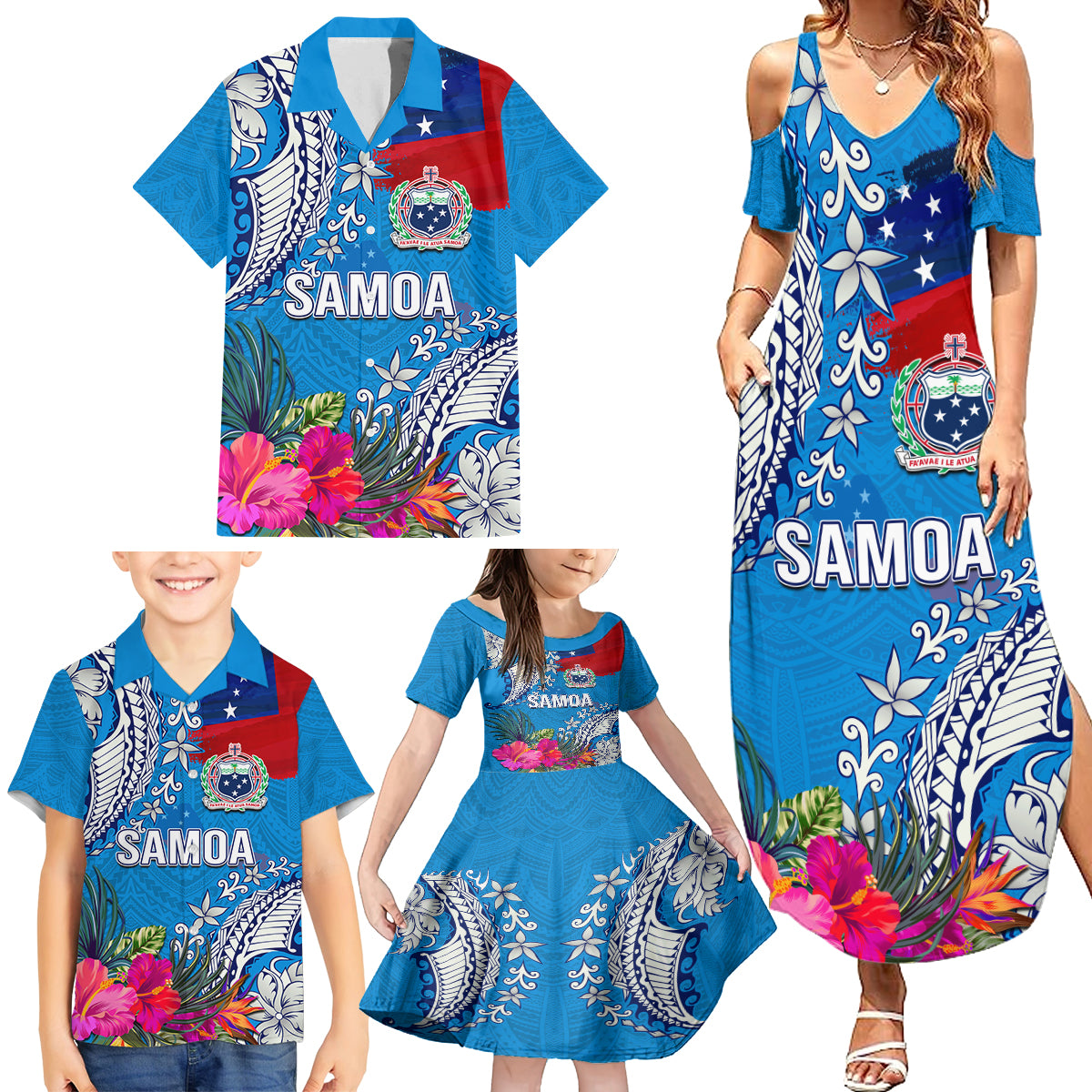 Personalised Samoa Coat Of Arms Family Matching Summer Maxi Dress and Hawaiian Shirt Tropical Flower Blue Polynesian Pattern LT03 - Polynesian Pride