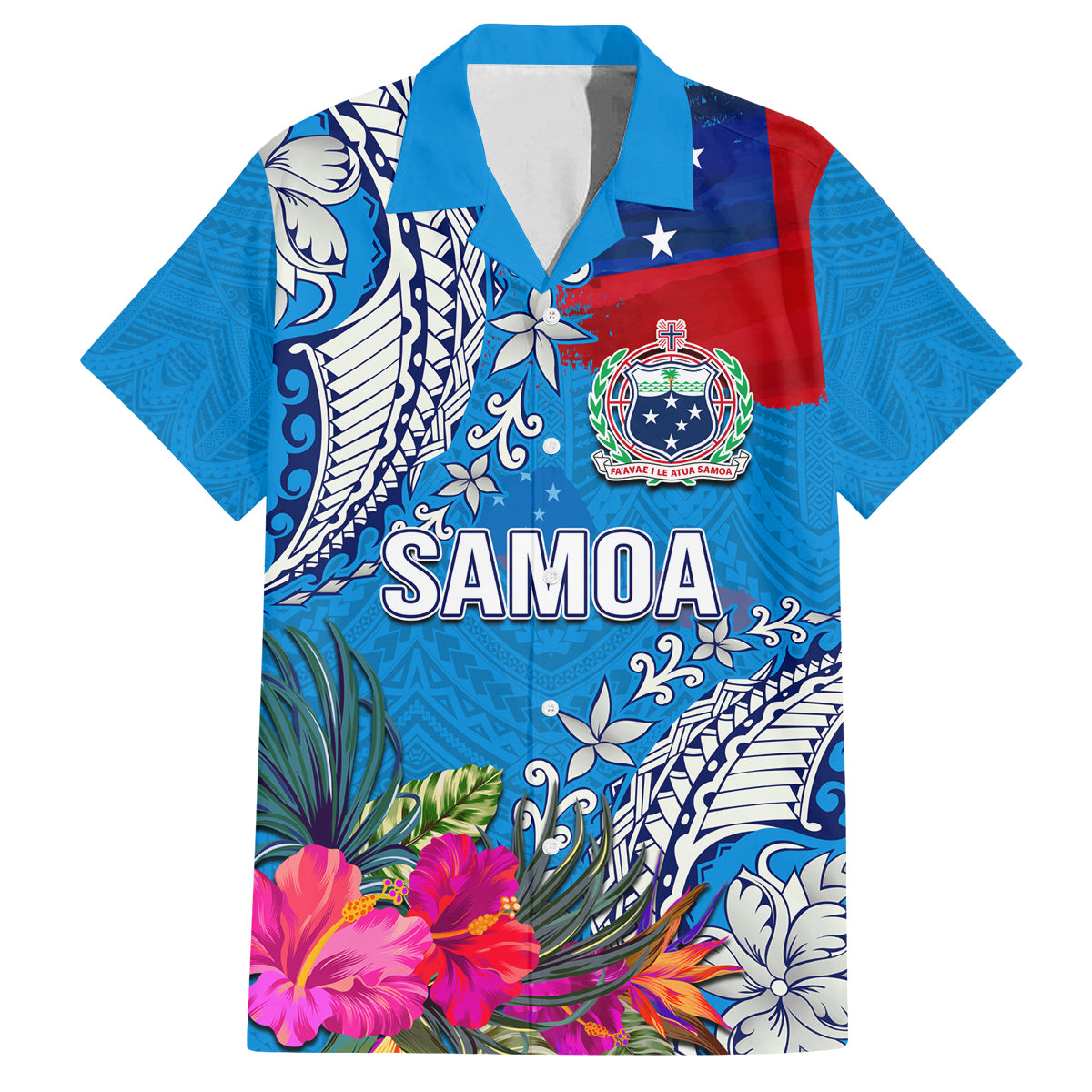 Personalised Samoa Coat Of Arms Family Matching Tank Maxi Dress and Hawaiian Shirt Tropical Flower Blue Polynesian Pattern LT03 Dad's Shirt - Short Sleeve Blue - Polynesian Pride