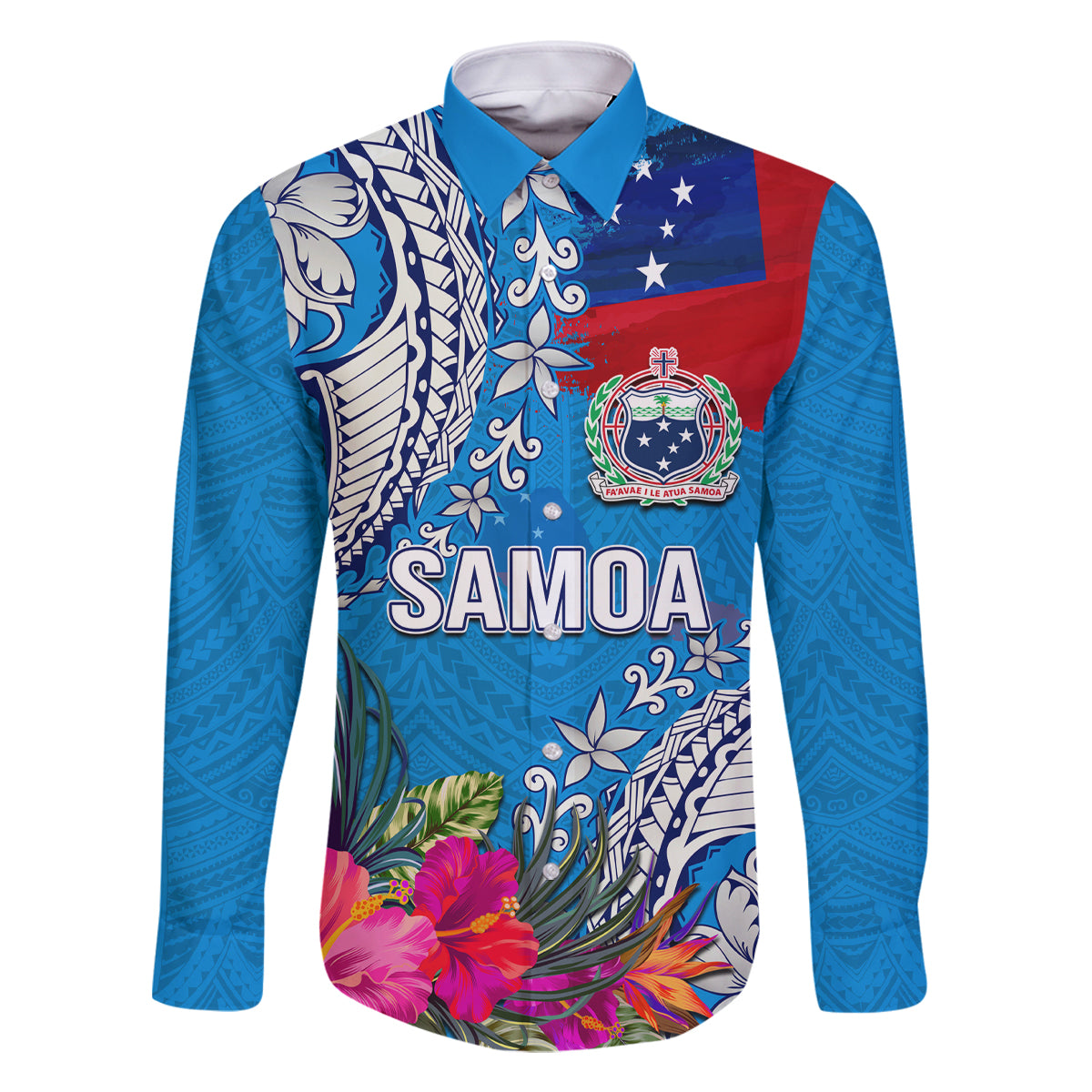Personalised Samoa Coat Of Arms Family Matching Tank Maxi Dress and Hawaiian Shirt Tropical Flower Blue Polynesian Pattern LT03 Dad's Shirt - Long Sleeve Blue - Polynesian Pride