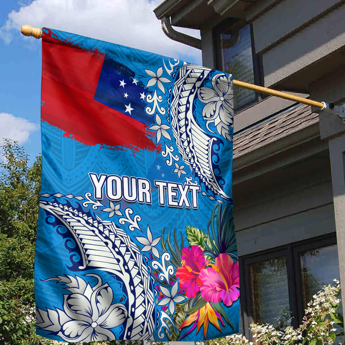 Personalised Samoa Coat Of Arms Garden Flag Tropical Flower Blue Polynesian Pattern LT03 - Polynesian Pride