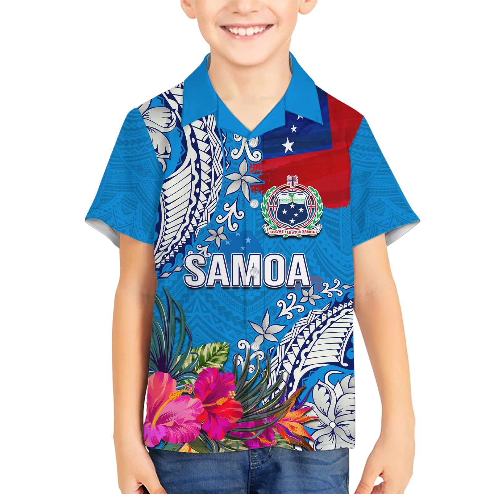 Personalised Samoa Coat Of Arms Kid Hawaiian Shirt Tropical Flower Blue Polynesian Pattern LT03 Kid Blue - Polynesian Pride