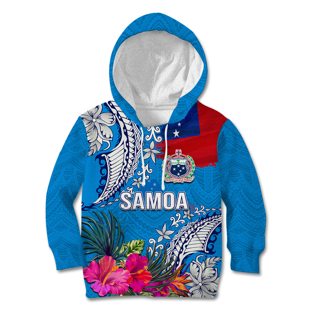 Personalised Samoa Coat Of Arms Kid Hoodie Tropical Flower Blue Polynesian Pattern LT03 Hoodie Blue - Polynesian Pride