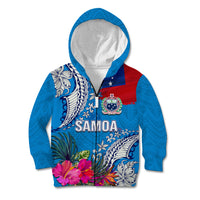 Personalised Samoa Coat Of Arms Kid Hoodie Tropical Flower Blue Polynesian Pattern LT03 Zip Hoodie Blue - Polynesian Pride