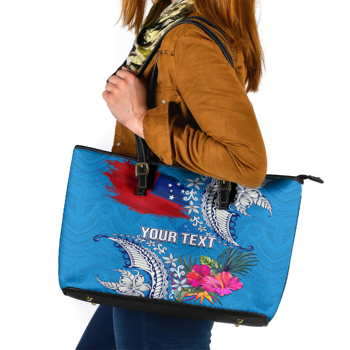 Personalised Samoa Coat Of Arms Leather Tote Bag Tropical Flower Blue Polynesian Pattern LT03 Blue - Polynesian Pride