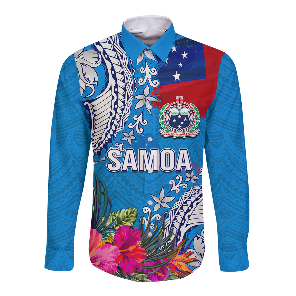 Personalised Samoa Coat Of Arms Long Sleeve Button Shirt Tropical Flower Blue Polynesian Pattern LT03 Unisex Blue - Polynesian Pride