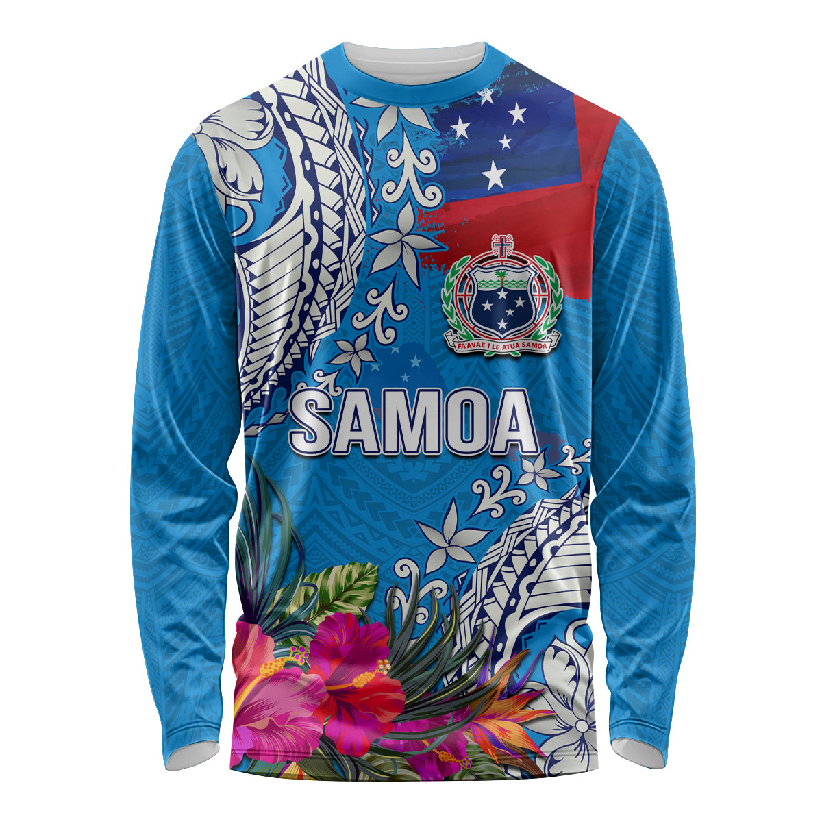 Personalised Samoa Coat Of Arms Long Sleeve Shirt Tropical Flower Blue Polynesian Pattern LT03 Unisex Blue - Polynesian Pride