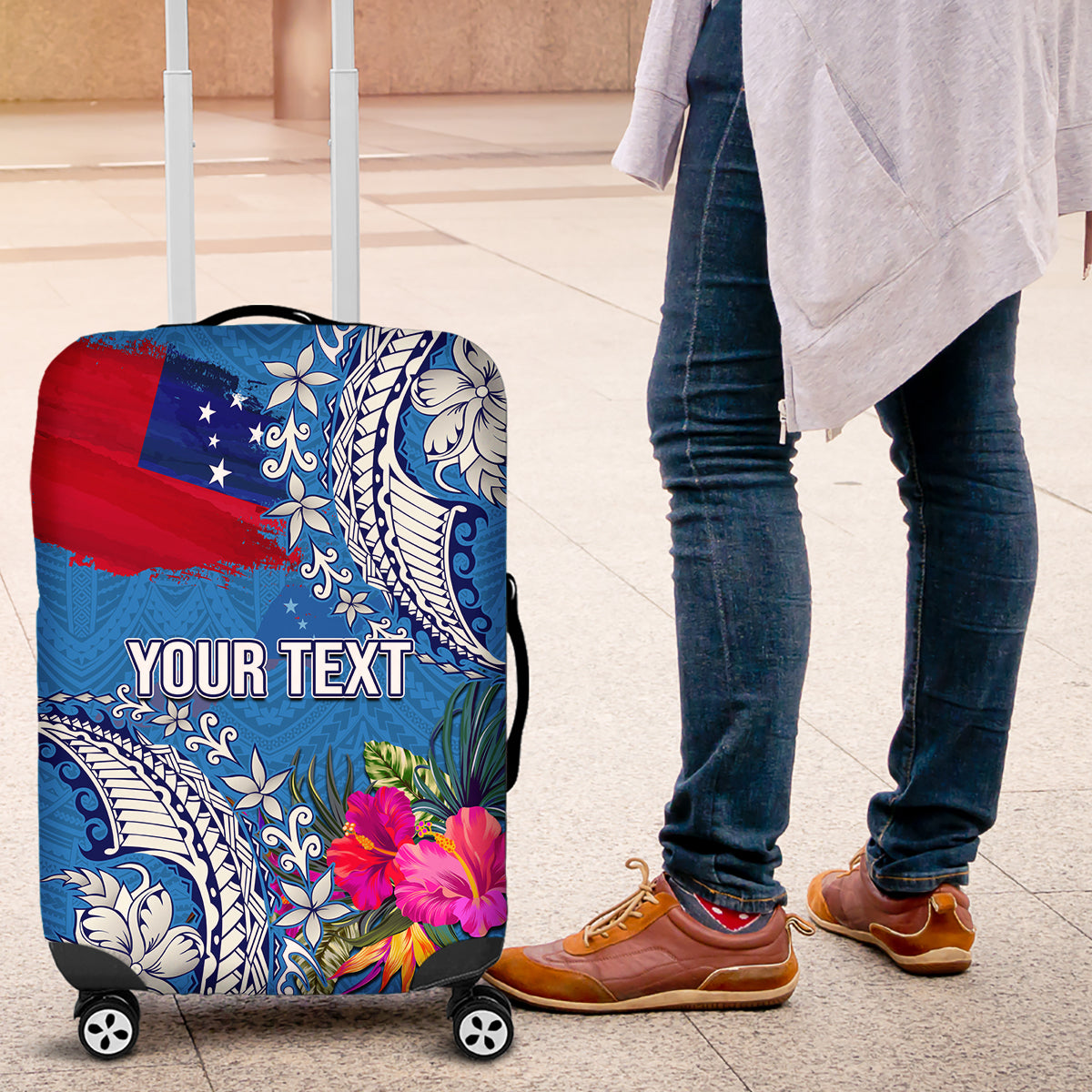 Personalised Samoa Coat Of Arms Luggage Cover Tropical Flower Blue Polynesian Pattern LT03 Blue - Polynesian Pride