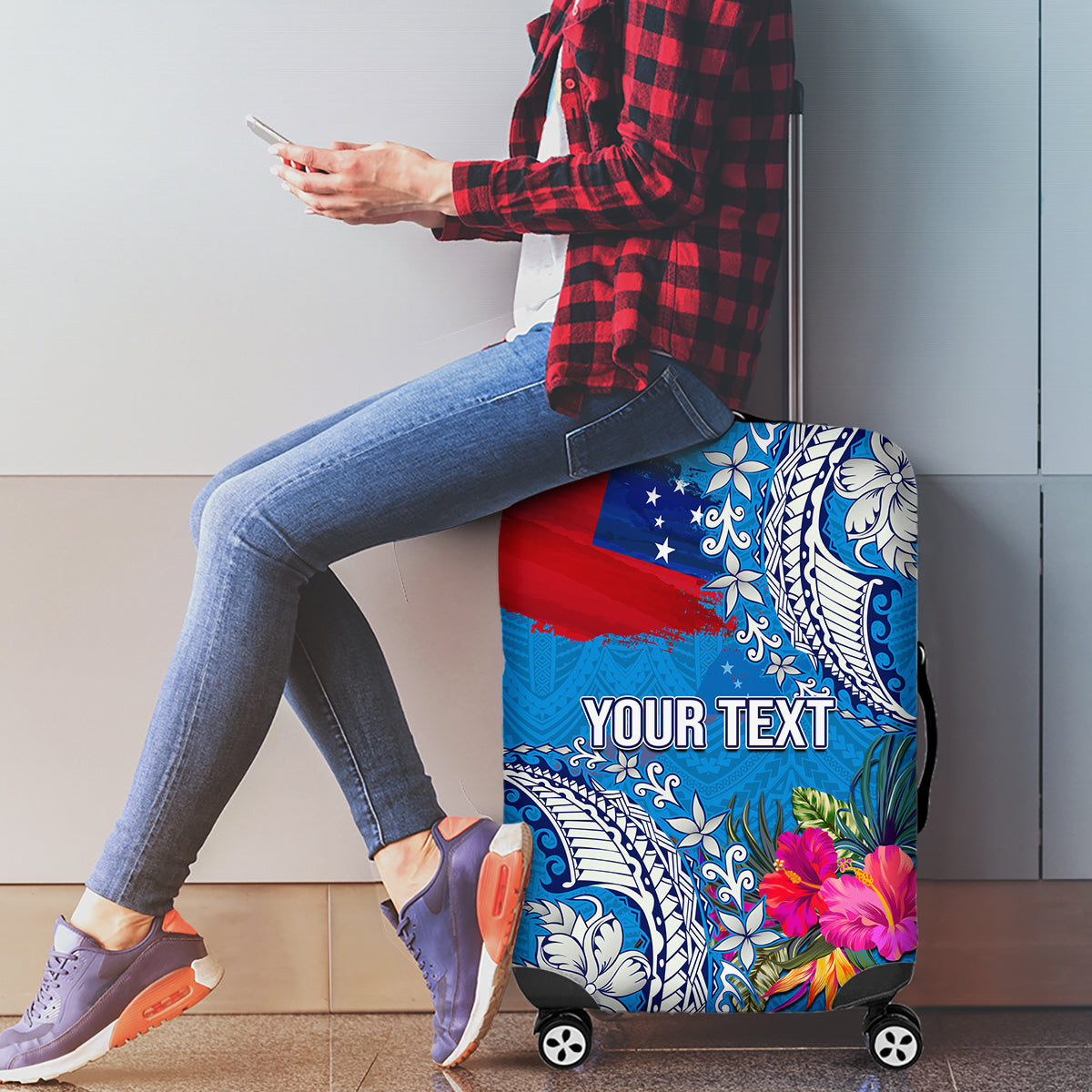 Personalised Samoa Coat Of Arms Luggage Cover Tropical Flower Blue Polynesian Pattern LT03 - Polynesian Pride