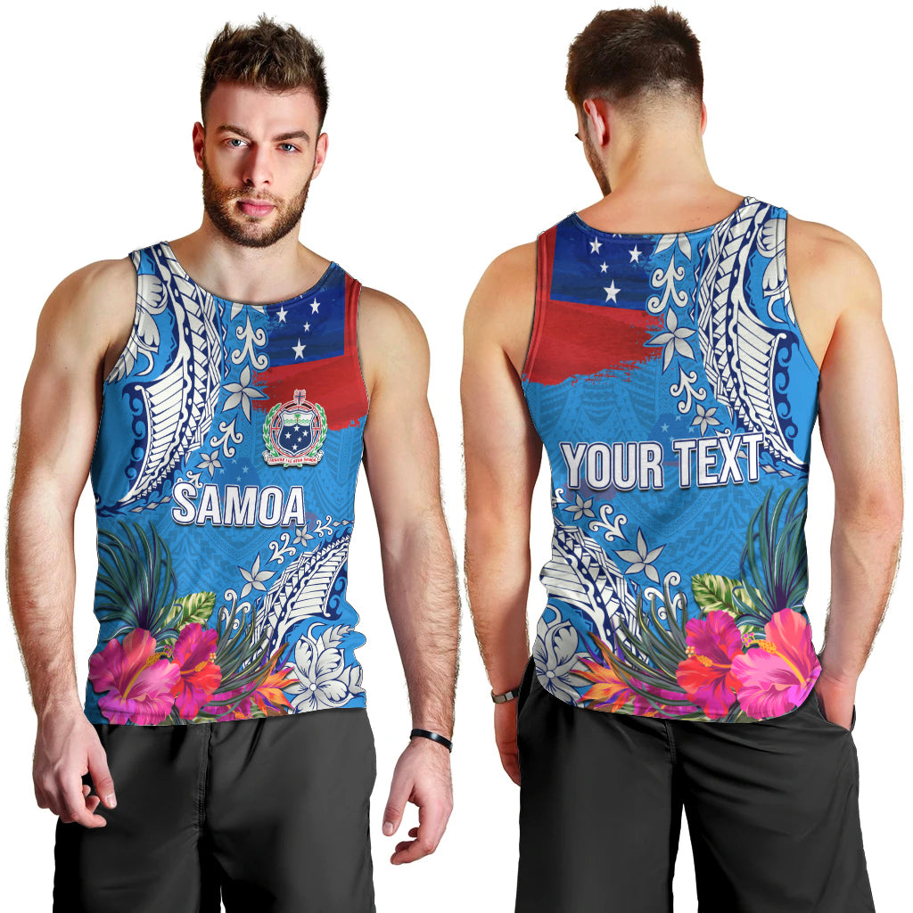 Personalised Samoa Coat Of Arms Men Tank Top Tropical Flower Blue Polynesian Pattern LT03 - Polynesian Pride
