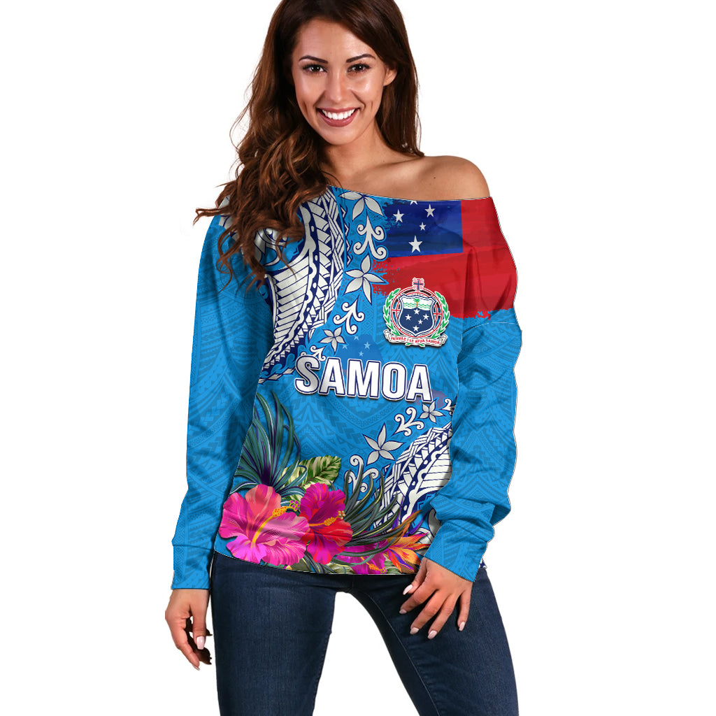 Personalised Samoa Coat Of Arms Off Shoulder Sweater Tropical Flower Blue Polynesian Pattern LT03 Women Blue - Polynesian Pride