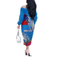 Personalised Samoa Coat Of Arms Off The Shoulder Long Sleeve Dress Tropical Flower Blue Polynesian Pattern LT03 - Polynesian Pride