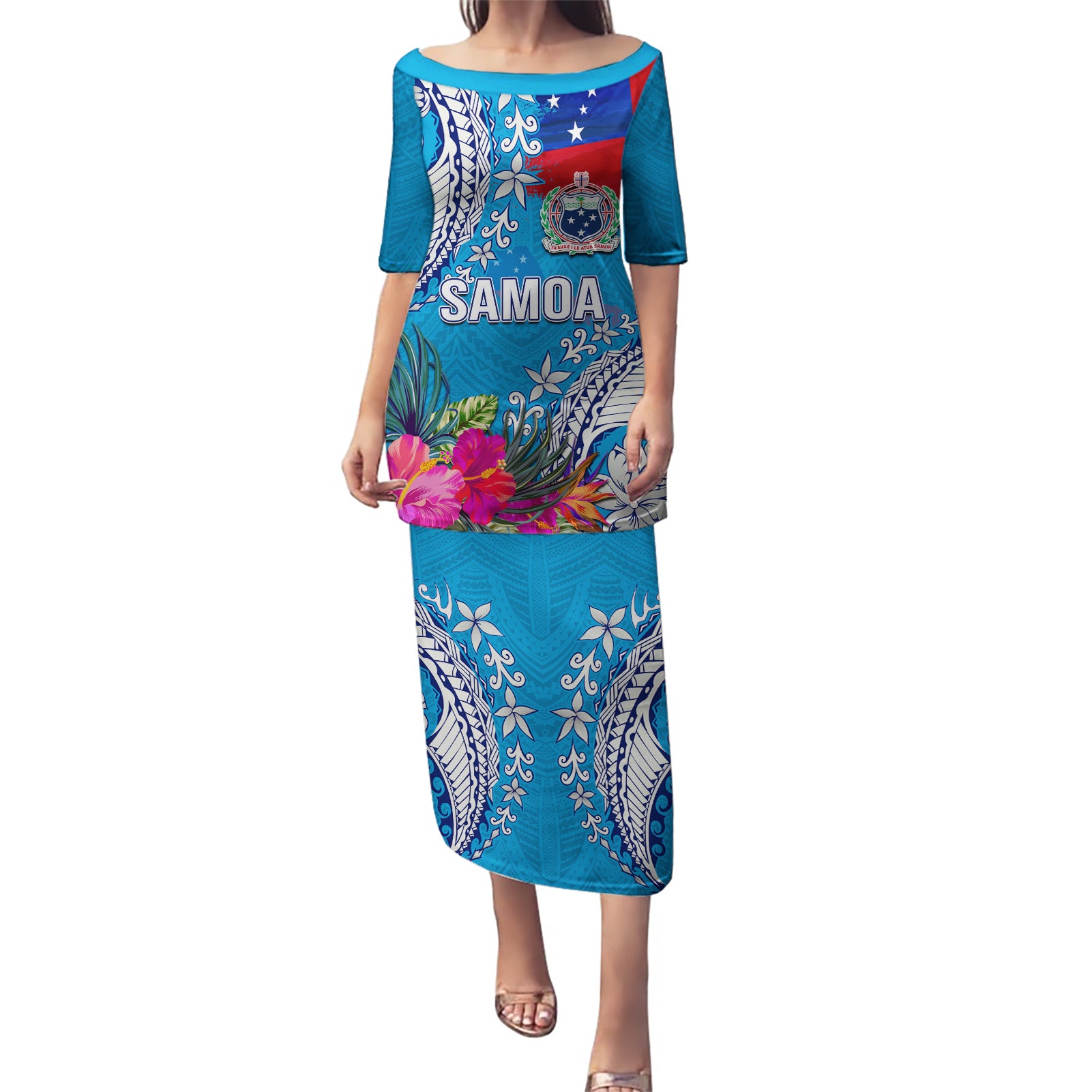 Personalised Samoa Coat Of Arms Puletasi Tropical Flower Blue Polynesian Pattern LT03 Long Dress Blue - Polynesian Pride