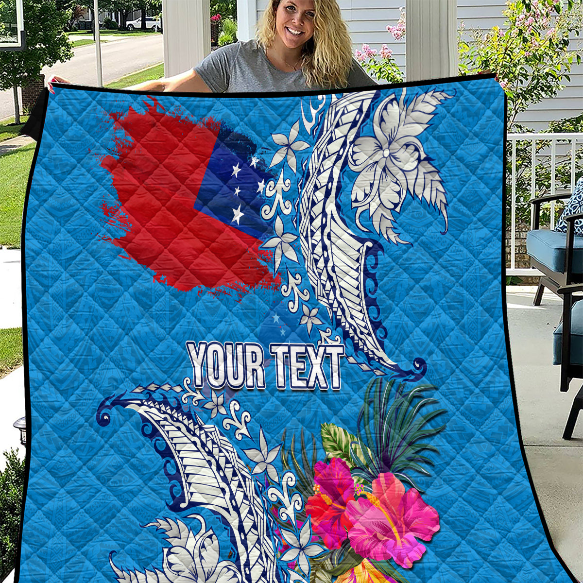 Personalised Samoa Coat Of Arms Quilt Tropical Flower Blue Polynesian Pattern LT03 Blue - Polynesian Pride