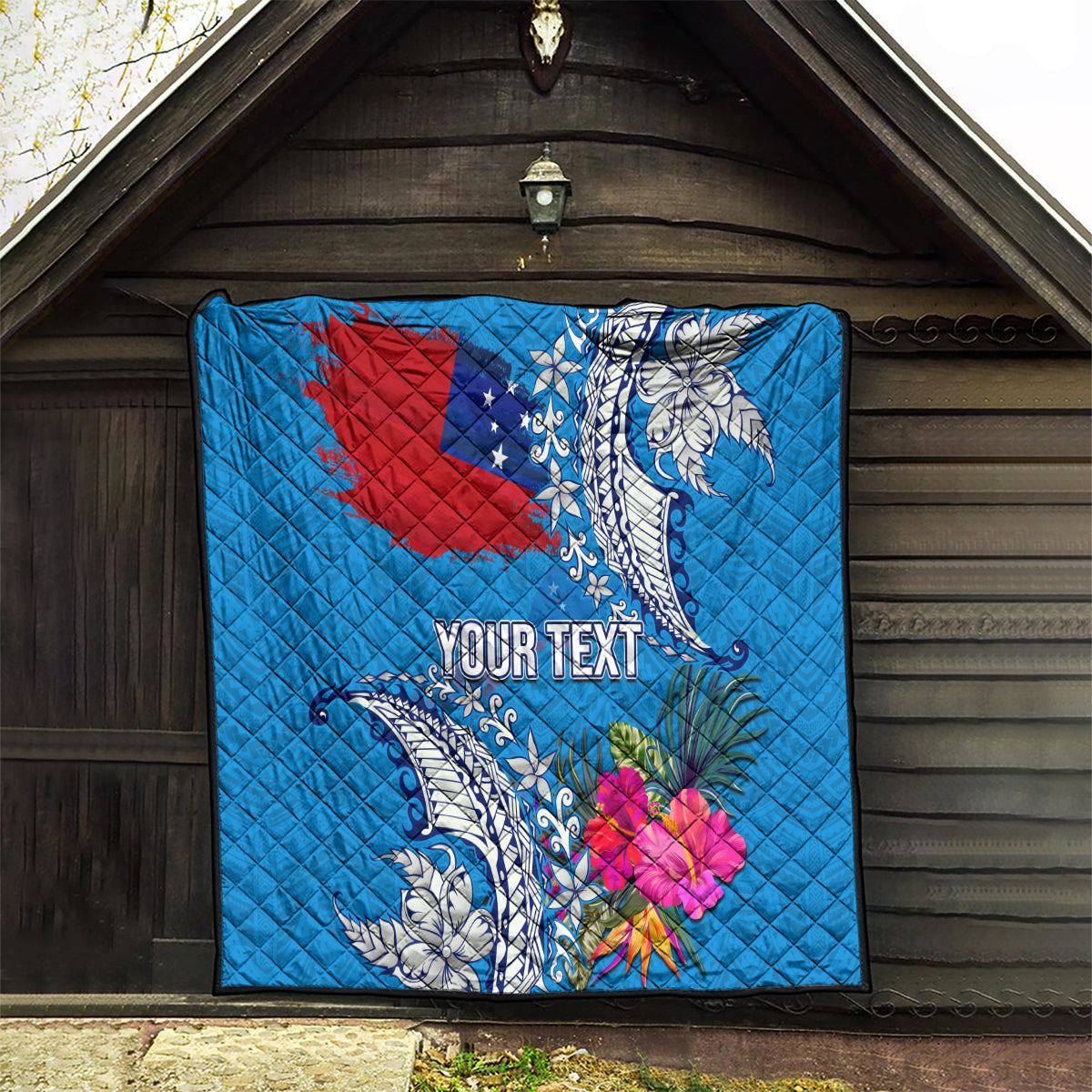 Personalised Samoa Coat Of Arms Quilt Tropical Flower Blue Polynesian Pattern LT03 - Polynesian Pride