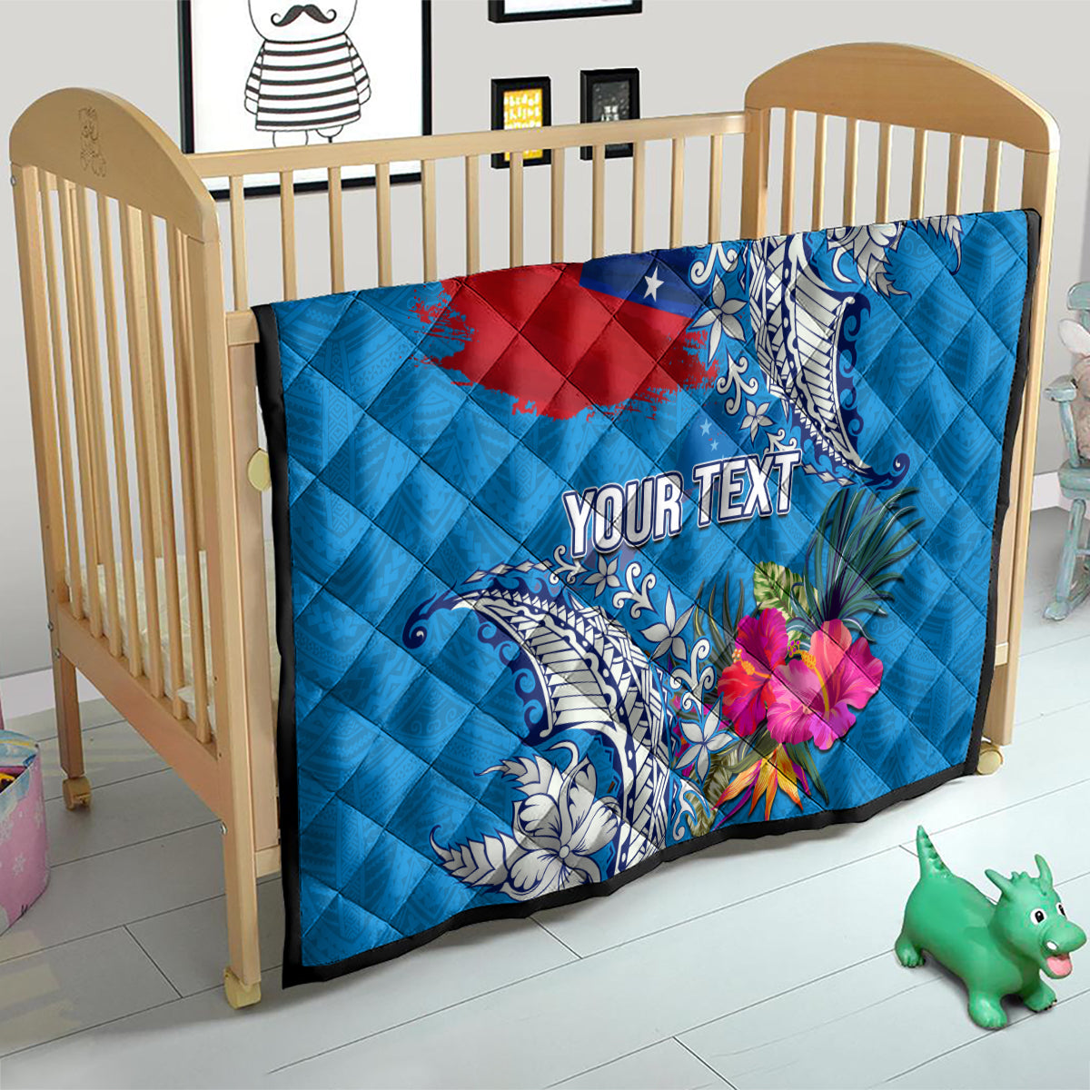 Personalised Samoa Coat Of Arms Quilt Tropical Flower Blue Polynesian Pattern LT03 - Polynesian Pride