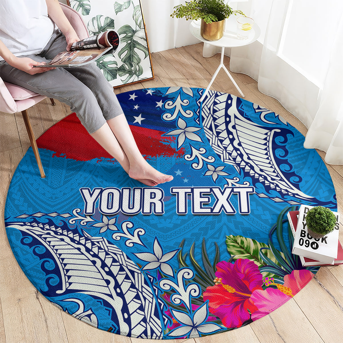 Personalised Samoa Coat Of Arms Round Carpet Tropical Flower Blue Polynesian Pattern LT03 - Polynesian Pride