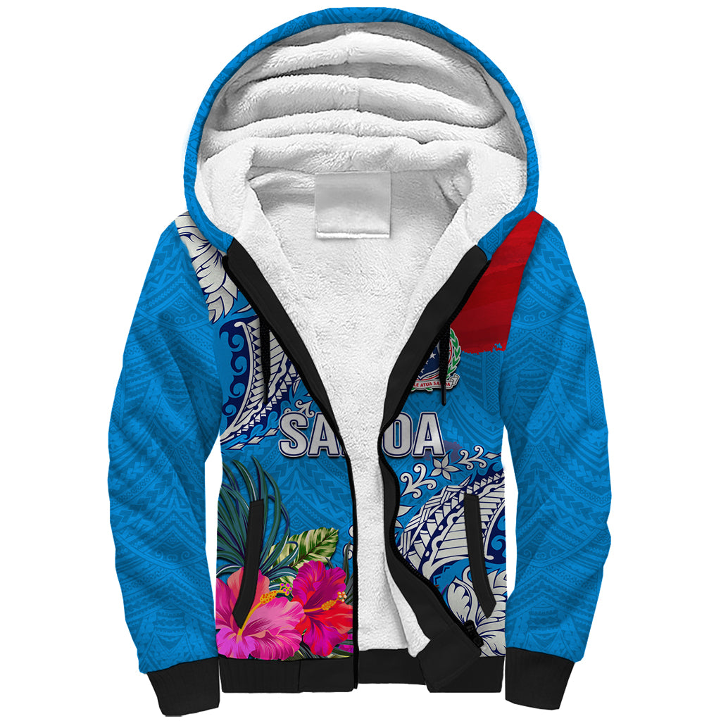 Personalised Samoa Coat Of Arms Sherpa Hoodie Tropical Flower Blue Polynesian Pattern LT03 Unisex Blue - Polynesian Pride