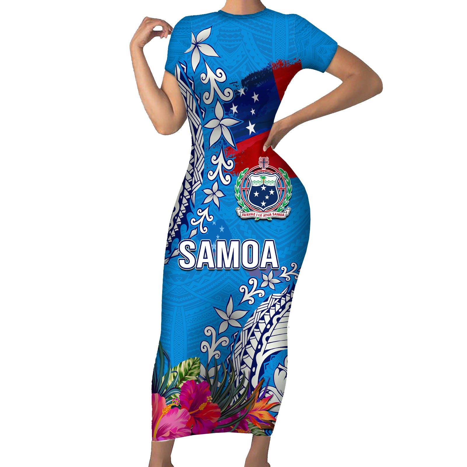 Personalised Samoa Coat Of Arms Short Sleeve Bodycon Dress Tropical Flower Blue Polynesian Pattern LT03 Long Dress Blue - Polynesian Pride