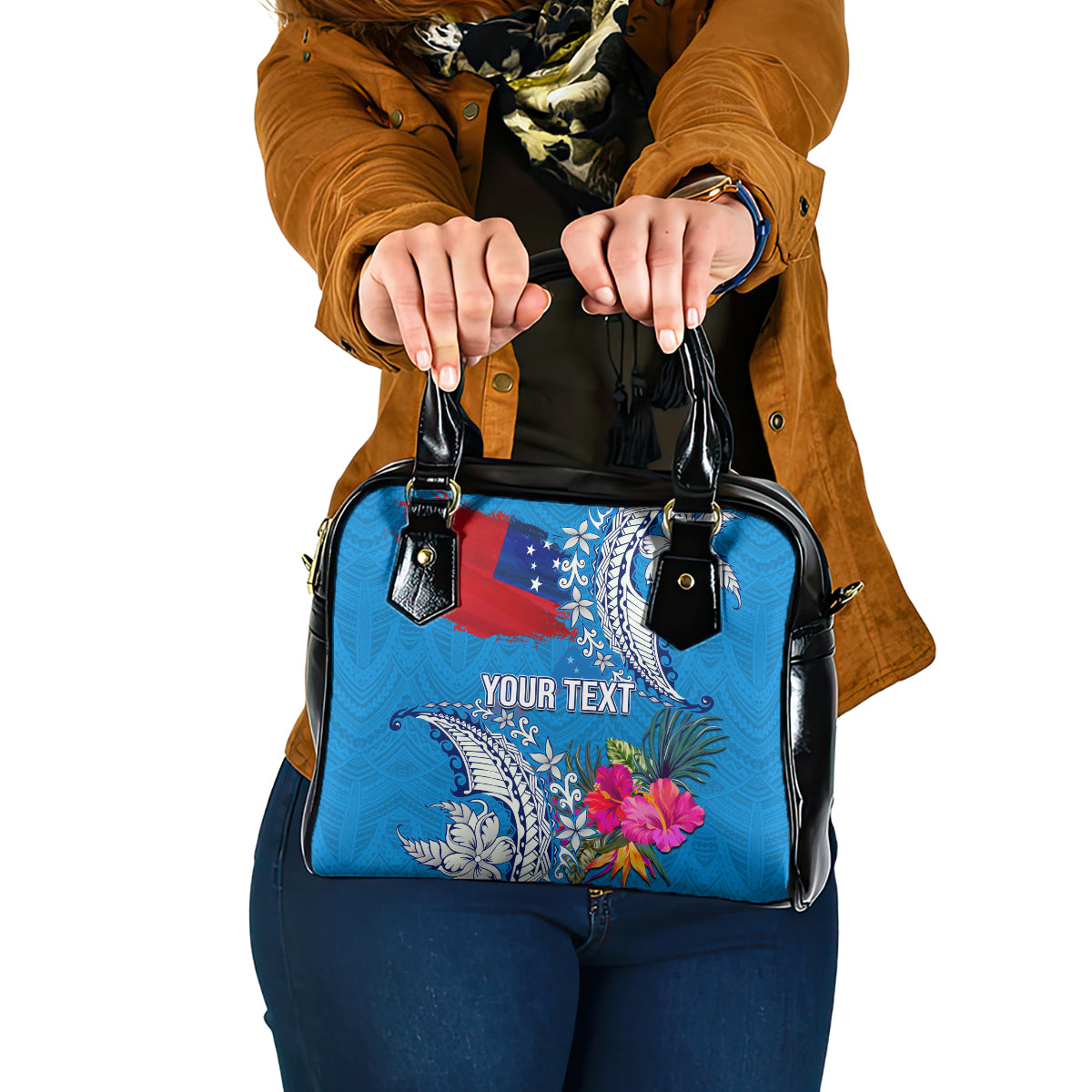 Personalised Samoa Coat Of Arms Shoulder Handbag Tropical Flower Blue Polynesian Pattern LT03 One Size Blue - Polynesian Pride