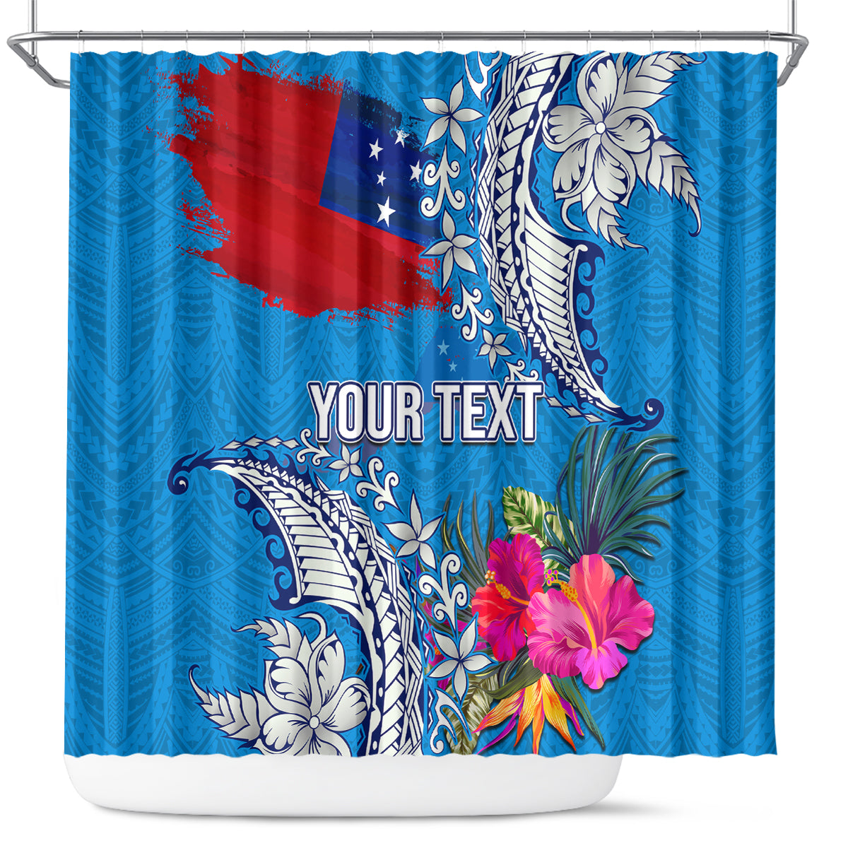 Personalised Samoa Coat Of Arms Shower Curtain Tropical Flower Blue Polynesian Pattern LT03 Blue - Polynesian Pride