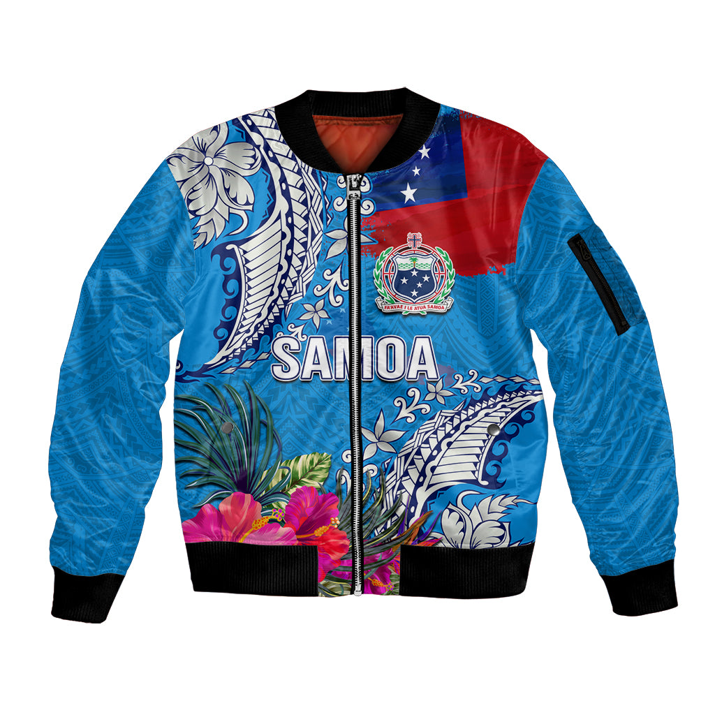 Personalised Samoa Coat Of Arms Sleeve Zip Bomber Jacket Tropical Flower Blue Polynesian Pattern LT03 Unisex Blue - Polynesian Pride